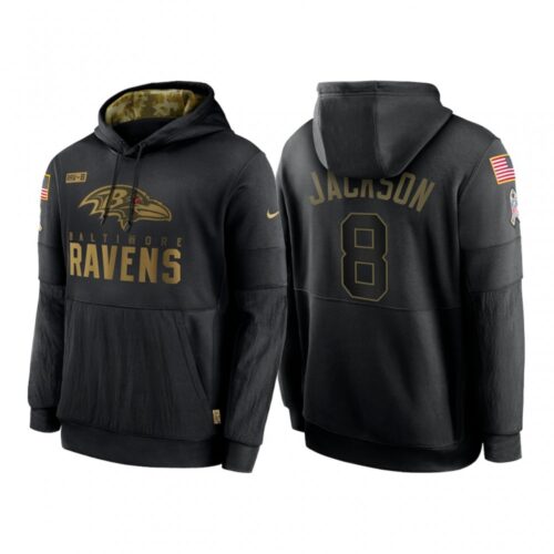 6862b1caba422_1 Men's Baltimore Ravens #8 Lamar Jackson 2020 Black Salute to Service Sideline Performance Pullover Hoodie