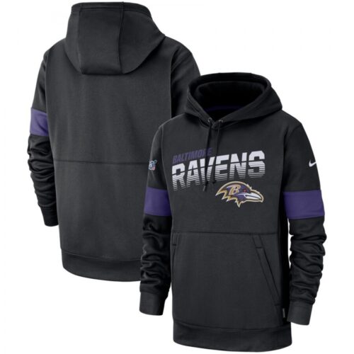 6862b1e3754d3_1 Men's Baltimore Ravens 2019 Black 100th Season Sideline Team Logo Performance Pullover Hoodie