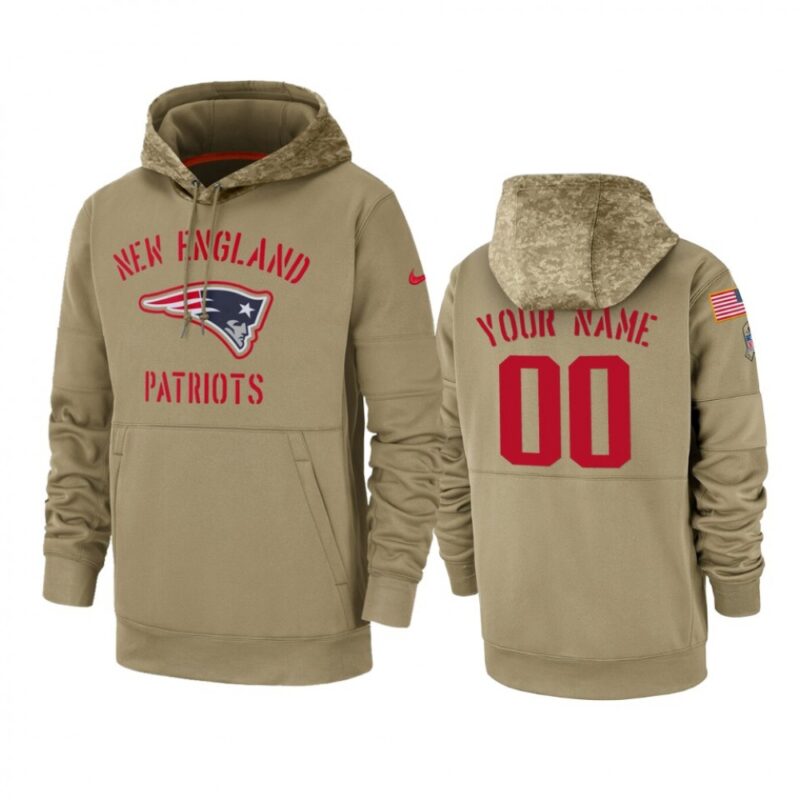 6862d57408590_1 Men's New England Patriots Customized Tan 2019 Salute to Service Sideline Therma Pullover Hoodie