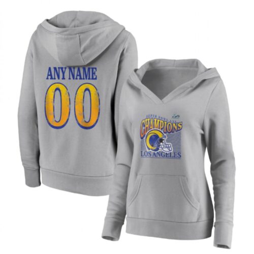 6862e1f61559d_1 Women's Los Angeles Rams Custom 2022 Gray Super Bowl LVI Champions Personalized Retro Pullover Hoodie(Run Small)