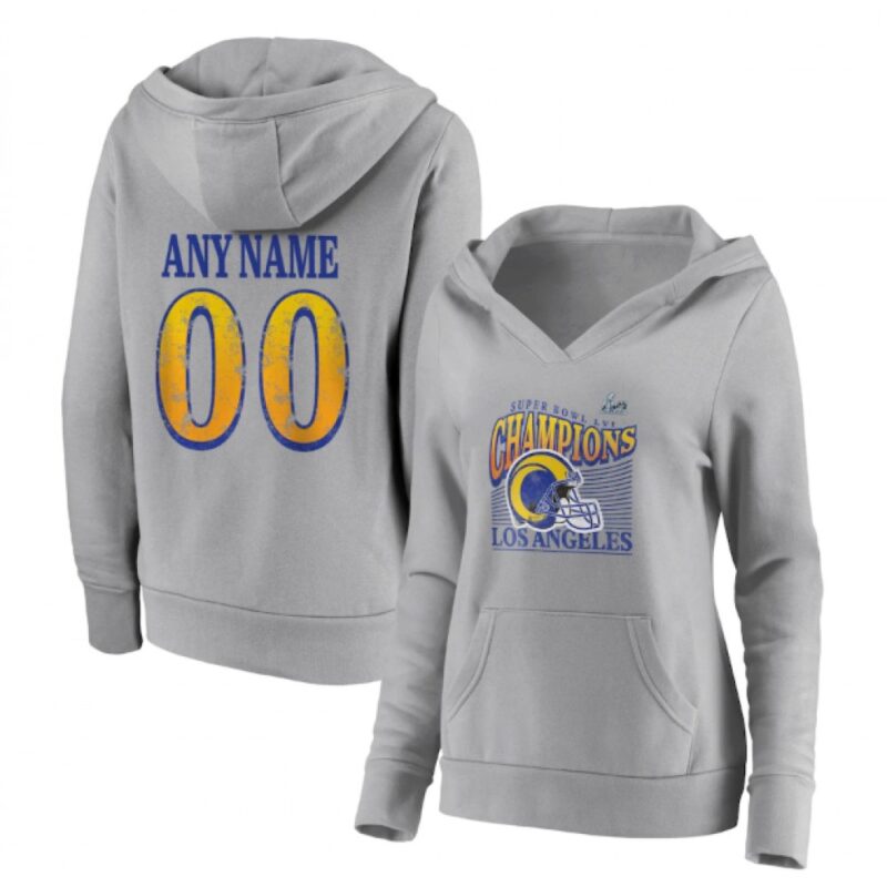 6862e1f61559d_1 Women's Los Angeles Rams Custom 2022 Gray Super Bowl LVI Champions Personalized Retro Pullover Hoodie(Run Small)