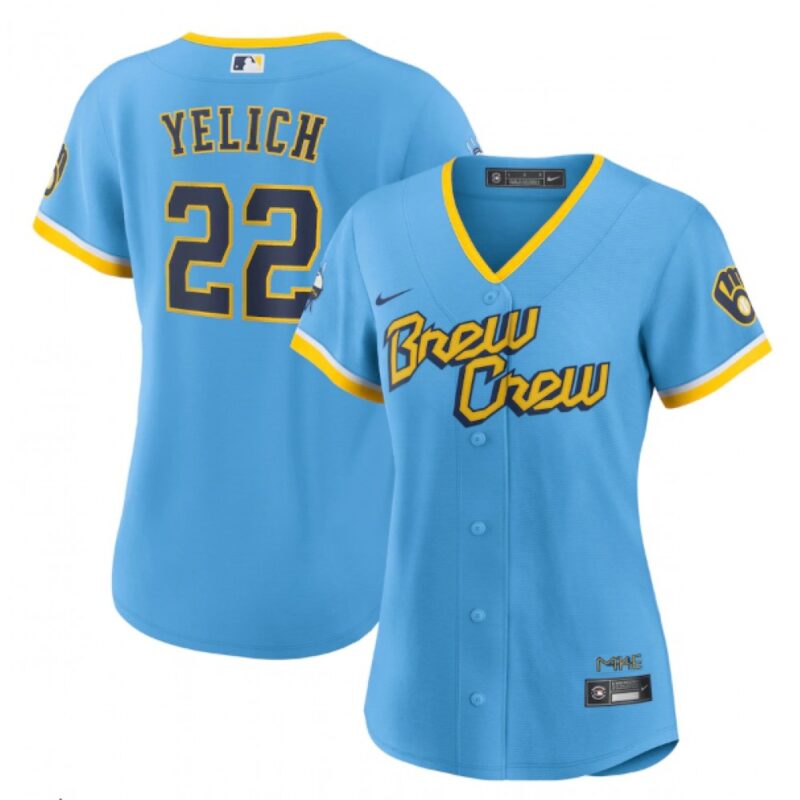 686310e2cfb48_1 Women's Milwaukee Brewers #22 Christian Yelich 2022 Powder Blue City Connect Cool Base Stitched Jersey(Run Small)