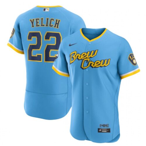 686310f2289e3_1 Men's Milwaukee Brewers #22 Christian Yelich Powder Blue 2022 City Connect Flex Base Stitched MLB Jersey
