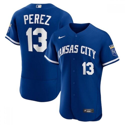 6863113cb958a_1 Men's Kansas City Royals #13 Salvador Perez Blue Flex Base Stitched Jersey