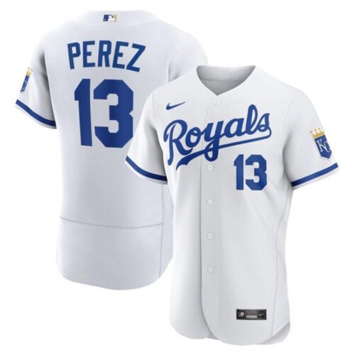 6863113faf80e_1 Men's Kansas City Royals #13 Salvador Perez White Flex Base Stitched Jersey