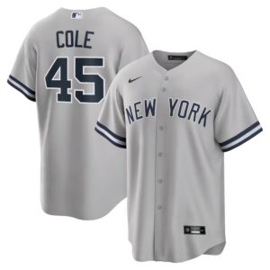 686312521a5d0_1 Men's New York Yankees #45 Gerrit Cole Gray Road Replica Player Name Jersey