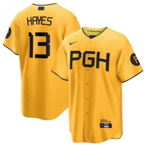 6863129f288df_1 Men's Pittsburgh Pirates #13 Ke'Bryan Hayes Gold 2023 City Connect Stitched Jersey