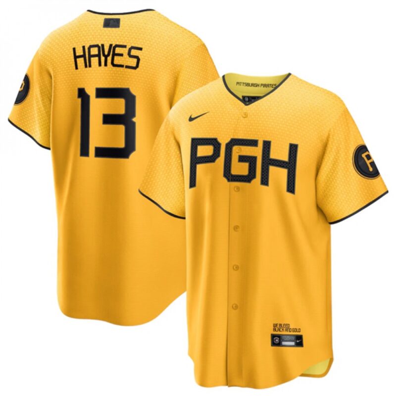 6863129f288df_1 Men's Pittsburgh Pirates #13 Ke'Bryan Hayes Gold 2023 City Connect Stitched Jersey