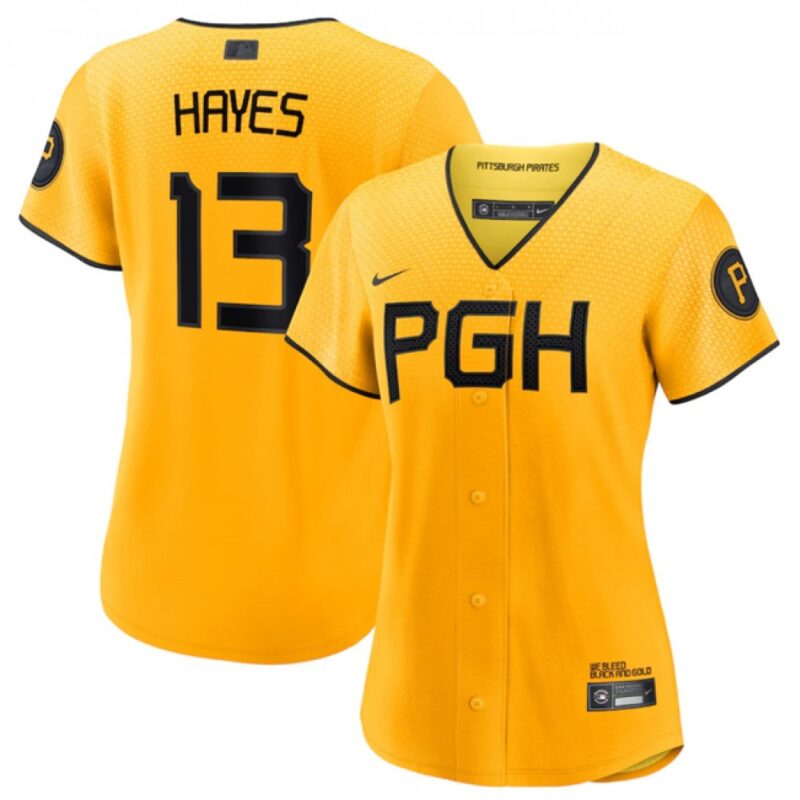 68631308c4e50_1 Women's Pittsburgh Pirates #13 Ke'Bryan Hayes Gold 2023 City Connect Stitched Jersey