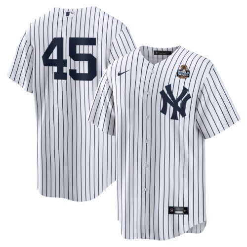 6863130e11177_1 Men's New York Yankees #45 Gerrit Cole White 2024 World Series Home Replica Player Jersey