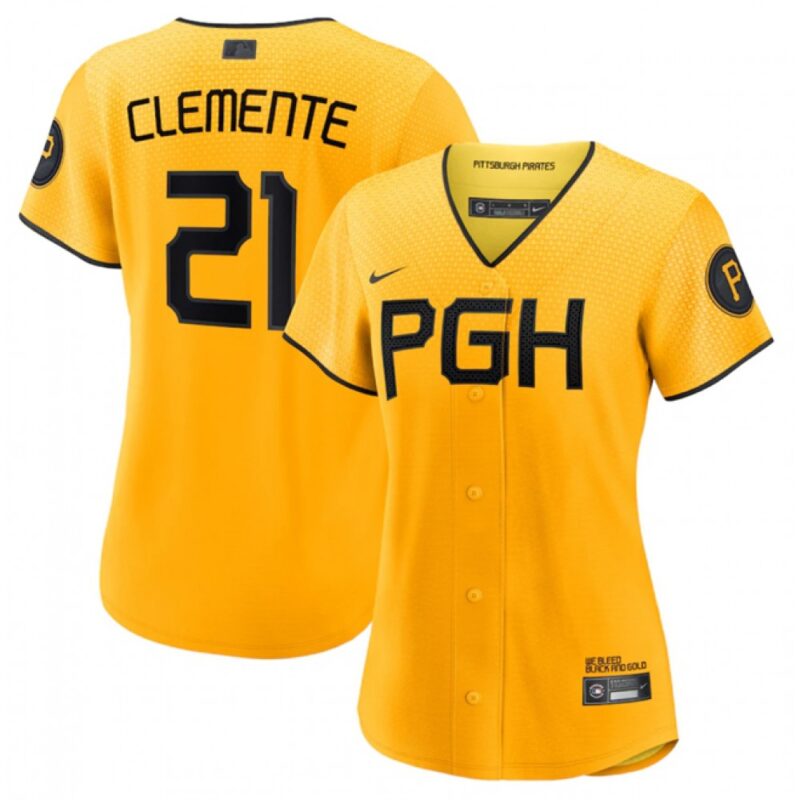 68631373185c2_1 Women's Pittsburgh Pirates #21 Roberto Clemente Gold 2023 Draft City Connect Stitched Jersey