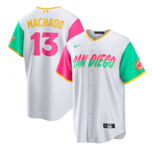 68631452867f5_1 Men's San Diego Padres #13 Manny Machado 2022 White City Connect Cool Base Stitched Jersey
