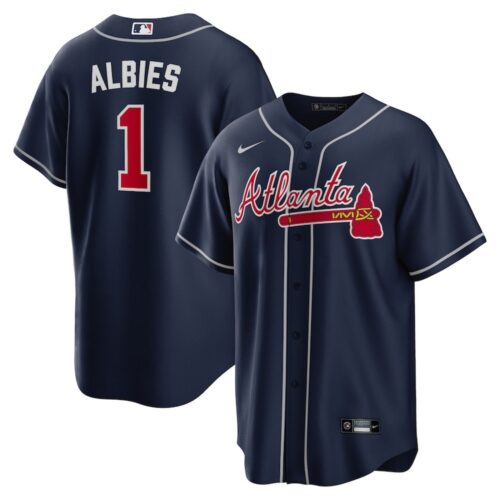 686314bbe9e7c_1 Men's Atlanta Braves #1 Ozzie Albies Navy Alternate Replica PlayerJersey