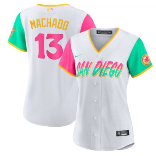 686316605eb9a_1 Women's San Diego Padres #13 Manny Machado 2022 White City Connect Cool Base Stitched Baseball Jersey(Run Small)