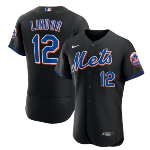 68631676b5c16_1 Men's New York Mets #12 Francisco Lindor Black Flex Base Stitched Jersey