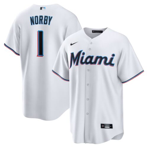 68631a042791c_1 Men's Miami Marlins #1 Connor Norby Nike White Home Replica Jersey