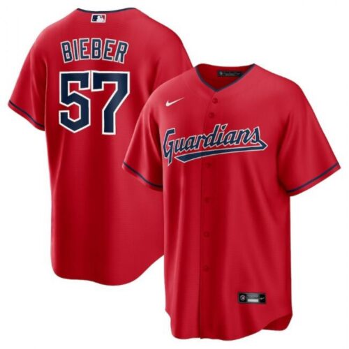 68631abdf0396_1 Men's Cleveland Guardians #57 Shane Bieber Red Cool Base Stitched Baseball Jersey