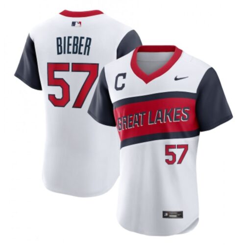 68631b36a5be6_1 Men's Cleveland indians #57 Shane Bieber 2021 White Little League Classic Home Flex Base Stitched Baseball Jersey