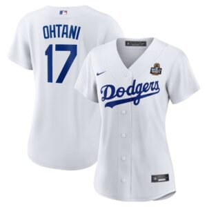68631bbdb9f97_1 Women's Los Angeles Dodgers #17 Shohei Ohtani White 2024 World Series Home Home Replica Jersey