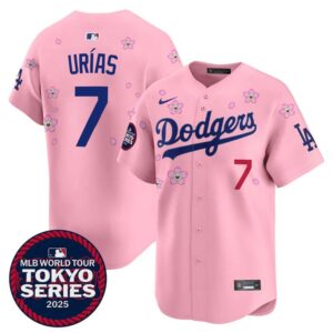 68631c0a248a4_1 Men's Los Angeles Dodgers #7 Julio Urias Pink Tokyo 2025 Cool Base Stitched Baseball Jersey