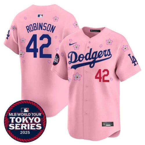 68631c12bd5e2_1 Men's Los Angeles Dodgers #42 Jackie Robinson Pink Tokyo 2025 Cool Base Stitched Baseball Jersey