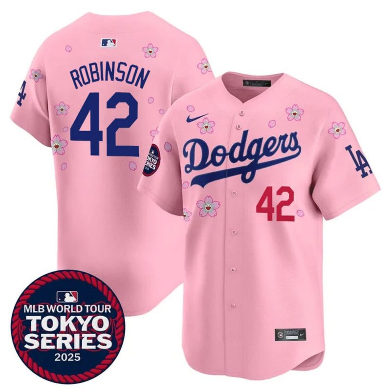 68631c12bd5e2_1 Men's Los Angeles Dodgers #42 Jackie Robinson Pink Tokyo 2025 Cool Base Stitched Baseball Jersey