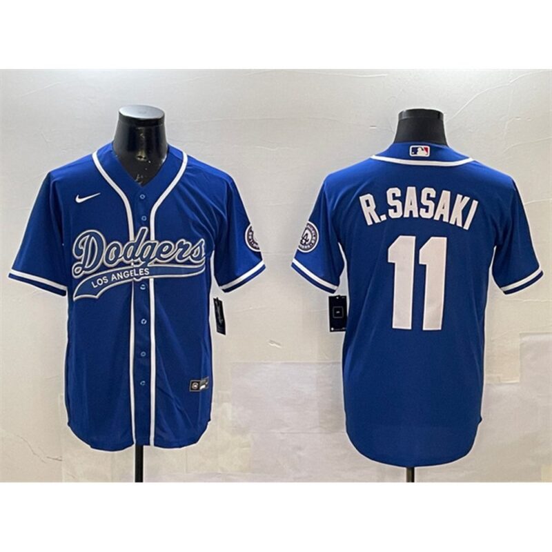 68631c1c27978_1 Men's Los Angeles Dodgers #11 Roki Sasaki Royal With Patch Cool Base Stitched Baseball Jersey
