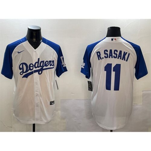 68631c25a266e_1 Men's Los Angeles Dodgers #11 Roki Sasaki White/Blue Cool Base Stitched Baseball Jersey