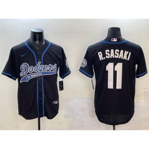 68631c3517d4f_1 Men's Los Angeles Dodgers #11 Roki Sasaki Black With Patch Cool Base Stitched Baseball Jersey
