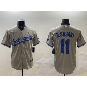 68631c472506f_1 Men's Los Angeles Dodgers #11 Roki Sasaki Grey Cool Base Stitched Baseball Jersey