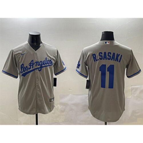 68631c472506f_1 Men's Los Angeles Dodgers #11 Roki Sasaki Grey Cool Base Stitched Baseball Jersey