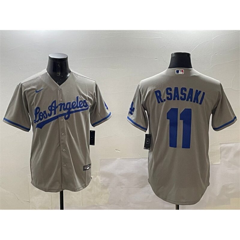 68631c472506f_1 Men's Los Angeles Dodgers #11 Roki Sasaki Grey Cool Base Stitched Baseball Jersey