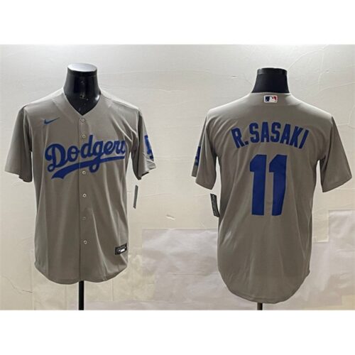 68631c4a172a8_1 Men's Los Angeles Dodgers #11 Roki Sasaki Grey Cool Base Stitched Baseball Jersey