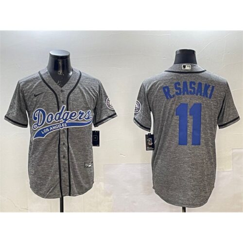 68631c4d4f50a_1 Men's Los Angeles Dodgers #11 Roki Sasaki Grey With Patch Cool Base Stitched Baseball Jersey