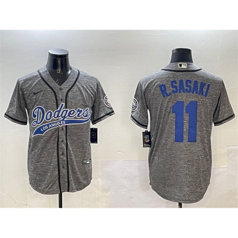 68631c4d4f50a_1 Men's Los Angeles Dodgers #11 Roki Sasaki Grey With Patch Cool Base Stitched Baseball Jersey