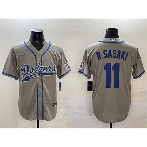 68631c507fa7a_1 Men's Los Angeles Dodgers #11 Roki Sasaki Grey With Patch Cool Base Stitched Baseball Jersey