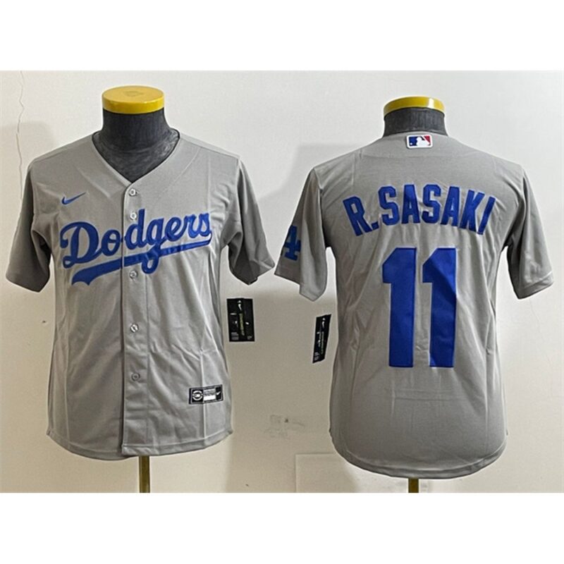 68631c784ae07_1 Youth Los Angeles Dodgers #11 Roki Sasaki Grey Cool Base Stitched Baseball Jersey