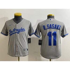 68631c7aac055_1 Youth Los Angeles Dodgers #11 Roki Sasaki Grey Cool Base Stitched Baseball Jersey