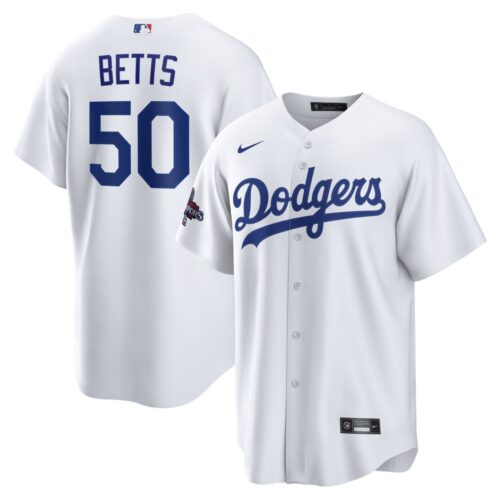 68631d624d9e9_1 Men's Los Angeles Dodgers #50 Mookie Betts White 2024 World Series Champions Home Replica Player Jersey