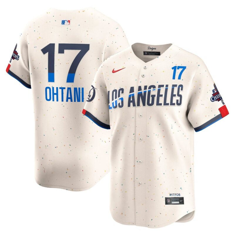 68631d682d8a7_1 Men's Los Angeles Dodgers #17 Shohei Ohtani Cream 2024 World Series Champions City Connect Limited Player Jersey