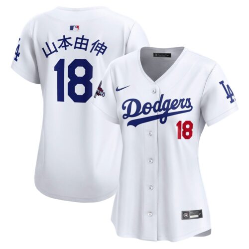 68631d78f1a9c_1 Women's Los Angeles Dodgers #18 Yoshinobu Yamamoto White 2024 World Series Champions Japanese Characters Limited Player Jersey