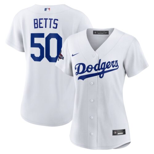 68631da159db7_1 Women's Los Angeles Dodgers #50 Mookie Betts White 2024 World Series Champions Home Replica Player Jersey