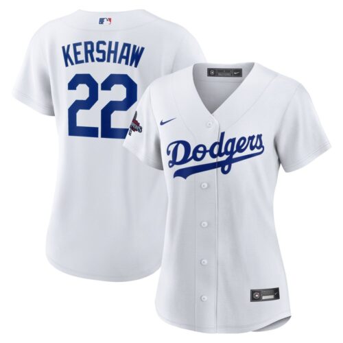 68631daac7a8f_1 Women's Los Angeles Dodgers #22 Clayton Kershaw White 2024 World Series Champions Home Replica Player Jersey