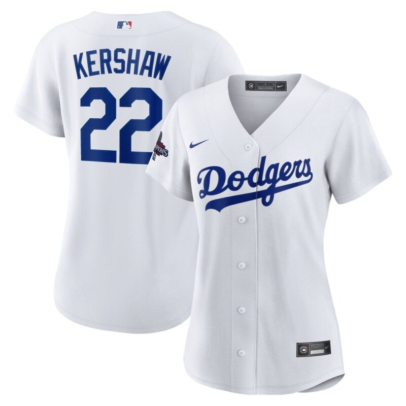68631daac7a8f_1 Women's Los Angeles Dodgers #22 Clayton Kershaw White 2024 World Series Champions Home Replica Player Jersey