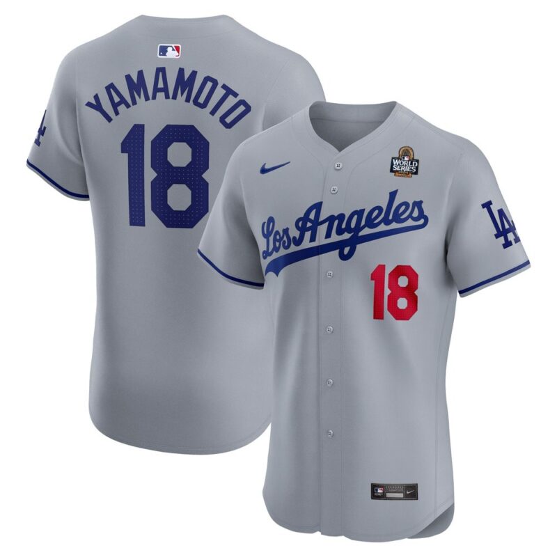 68631de5e8bd8_1 Men's Los Angeles Dodgers #18 Yoshinobu Yamamoto Gray 2024 World Series Road Elite Player Jersey