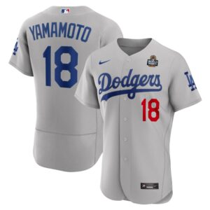 68631deeb3d8b_1 Men's Los Angeles Dodgers #18 Yoshinobu Yamamoto Gray 2024 World Series Alternate Authentic Player Jersey