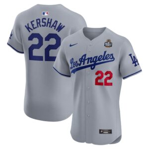 68631e04caa6e_1 Men's Los Angeles Dodgers #22 Clayton Kershaw Gray 2024 World Series Road Elite Player Jersey