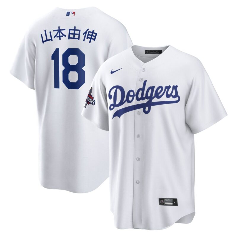 68631e0844bc1_1 Men's Los Angeles Dodgers #18 Yoshinobu Yamamoto White 2024 World Series Champions Home Japanese Characters Replica Player Jersey