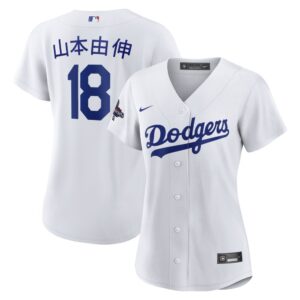 68631e0da35bf_1 Women's Los Angeles Dodgers #18 Yoshinobu Yamamoto White 2024 World Series Champions Home Japanese Characters Replica Player Jersey
