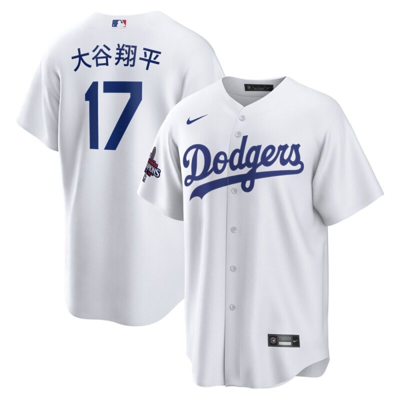 68631e0fecde6_1 Men's Los Angeles Dodgers #17 Shohei Ohtani White 2024 World Series Champions Home Japanese Characters Replica Player Jersey